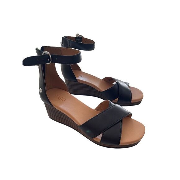 Ugg Womens Black Eugenia Leather Back Zipper Ankle Strap Wedge Sandals Size 6.5 - Picture 5 of 8